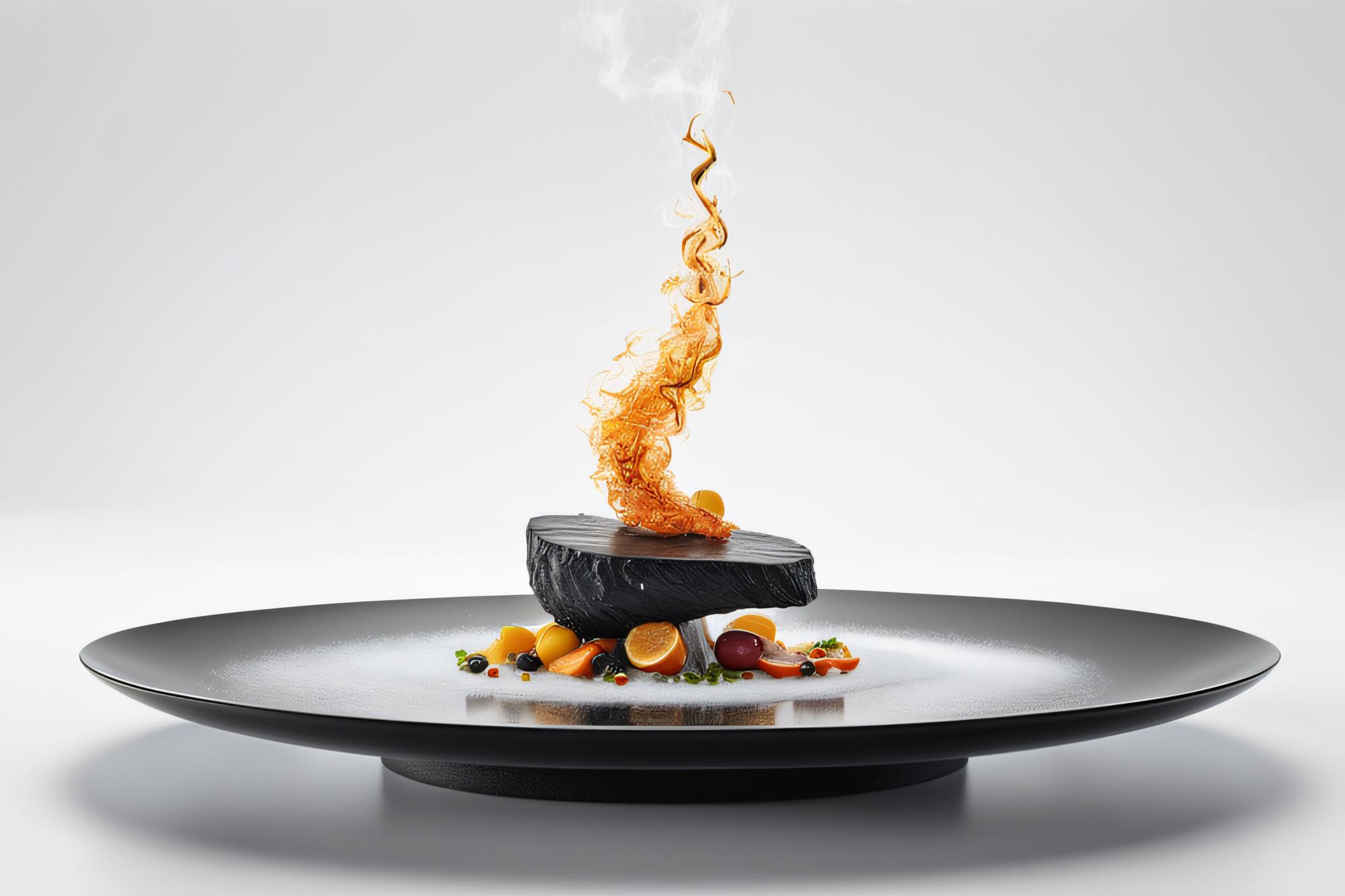 Close-up of plated dessert with smoke element